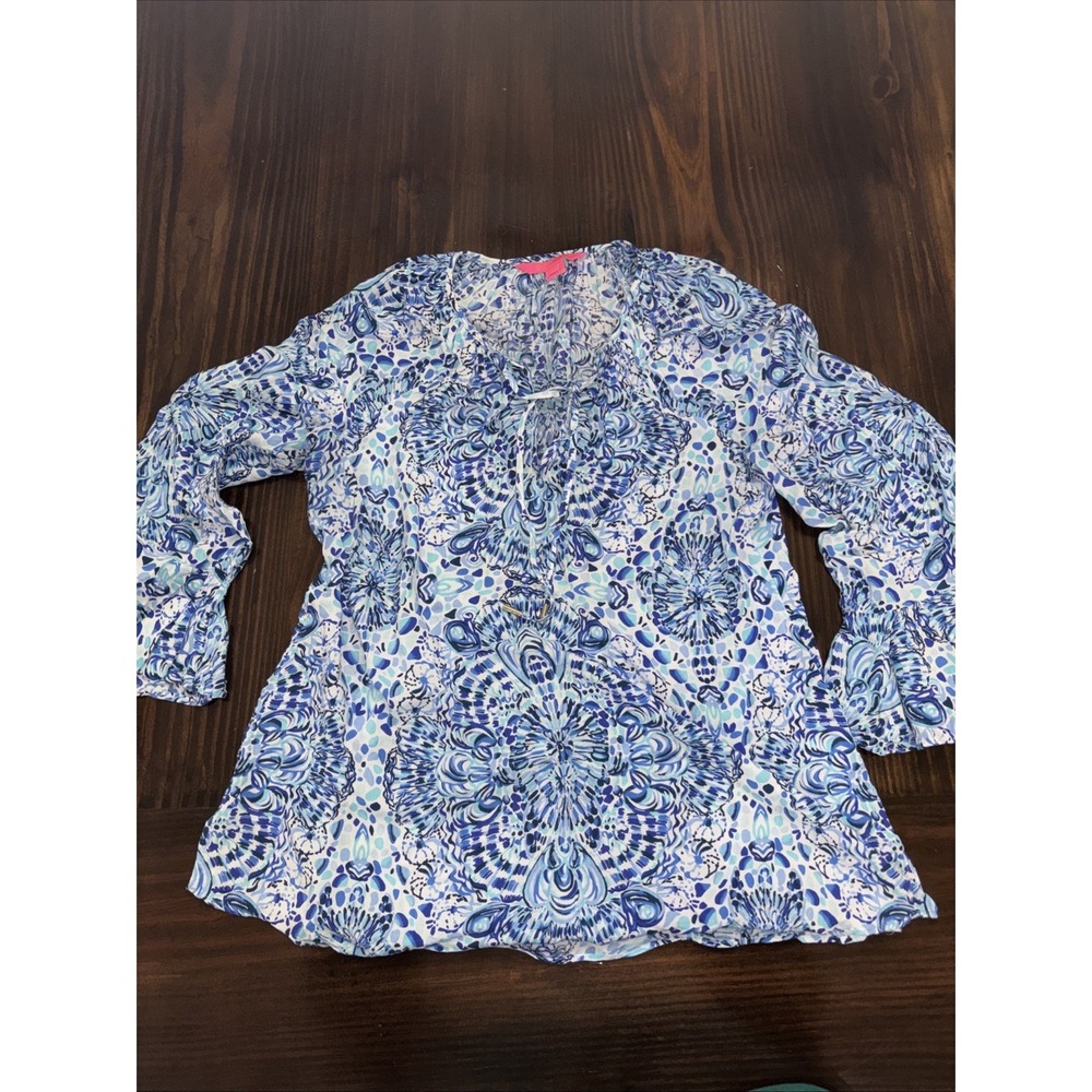 Lilly Pulitzer Womens Floral Blouse Long Sleeve V-Neck Tunic Small Resort Easter